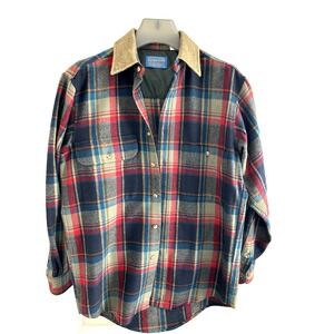 PENDLETON Board Shirt Jacket Virgin Wool Plaid Suede Collar Pockets Small S USA